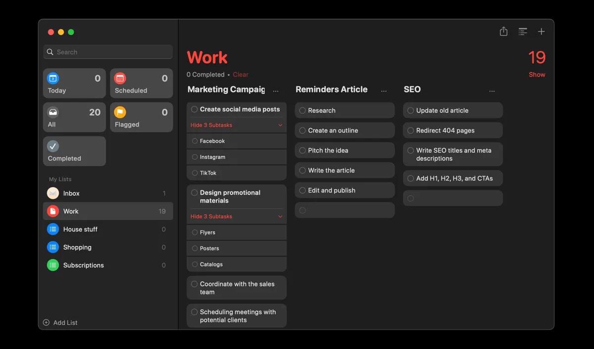 Giao diện cột (Kanban-style view) trong ứng dụng Apple Reminders
