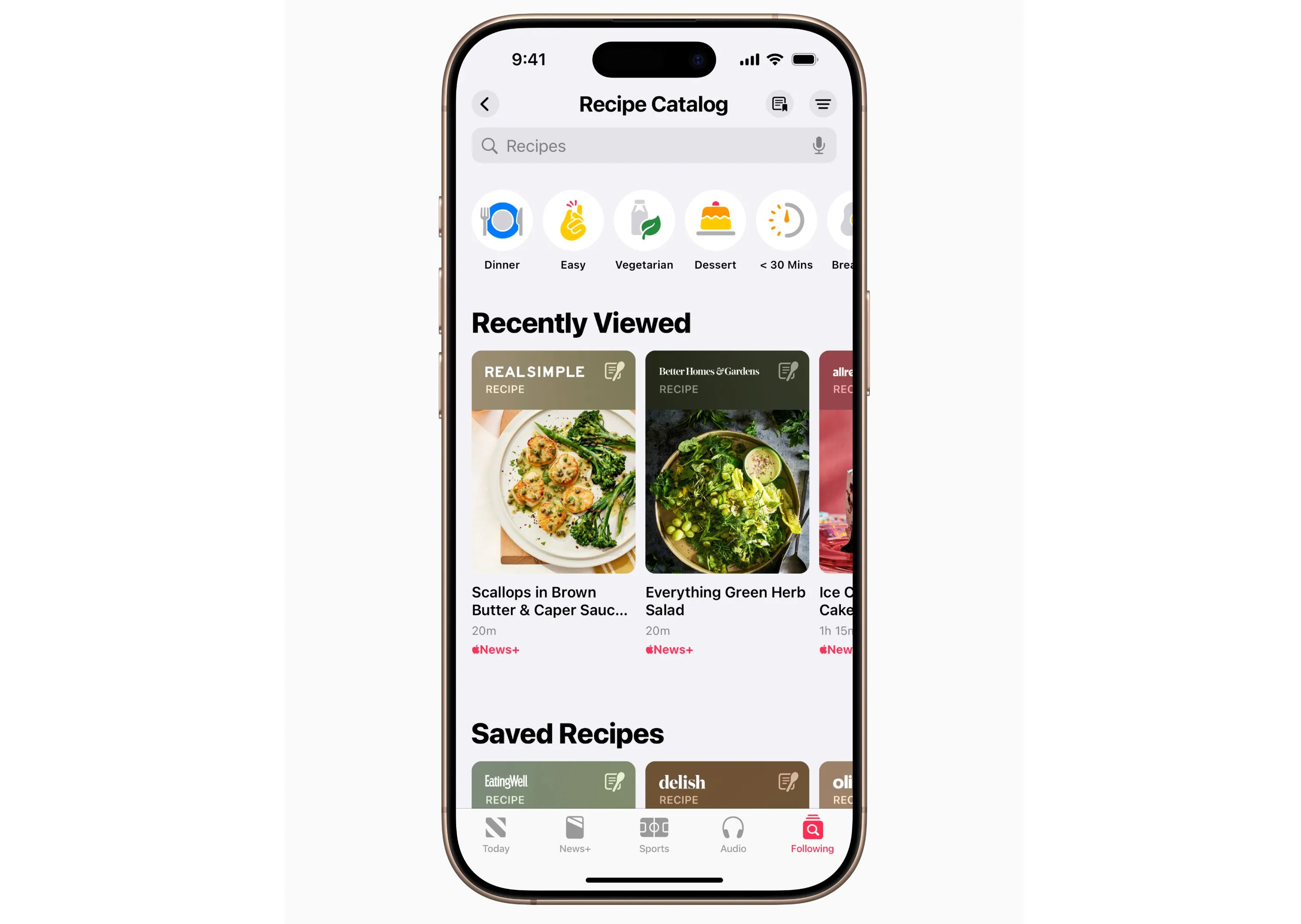 Giao diện danh mục công thức nấu ăn của Apple News+ Food, giới thiệu kho tàng món ngon trên iOS 18.4