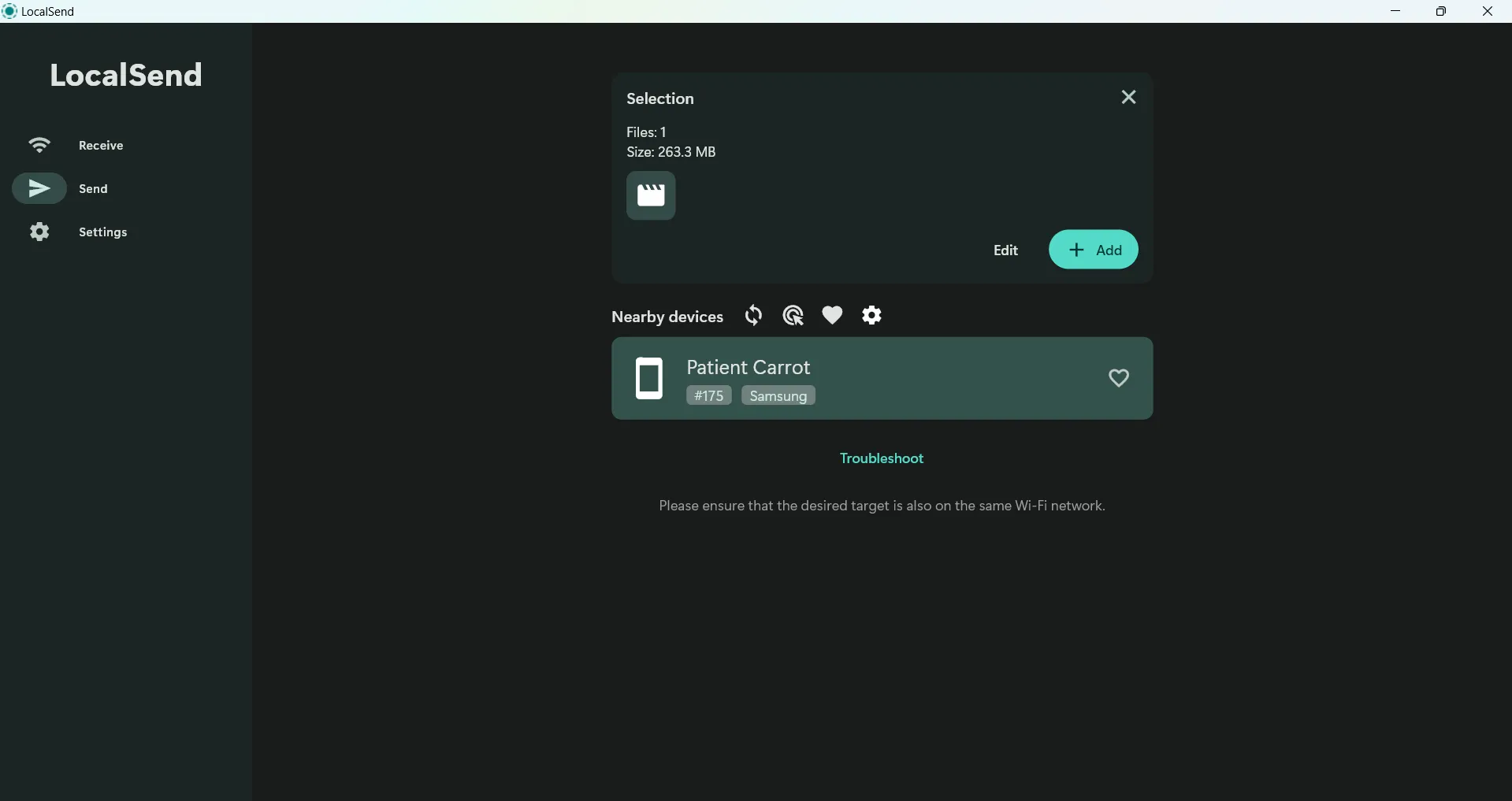 Giao diện desktop của LocalSend, ứng dụng chia sẻ file đa nền tảng qua mạng Wi-Fi