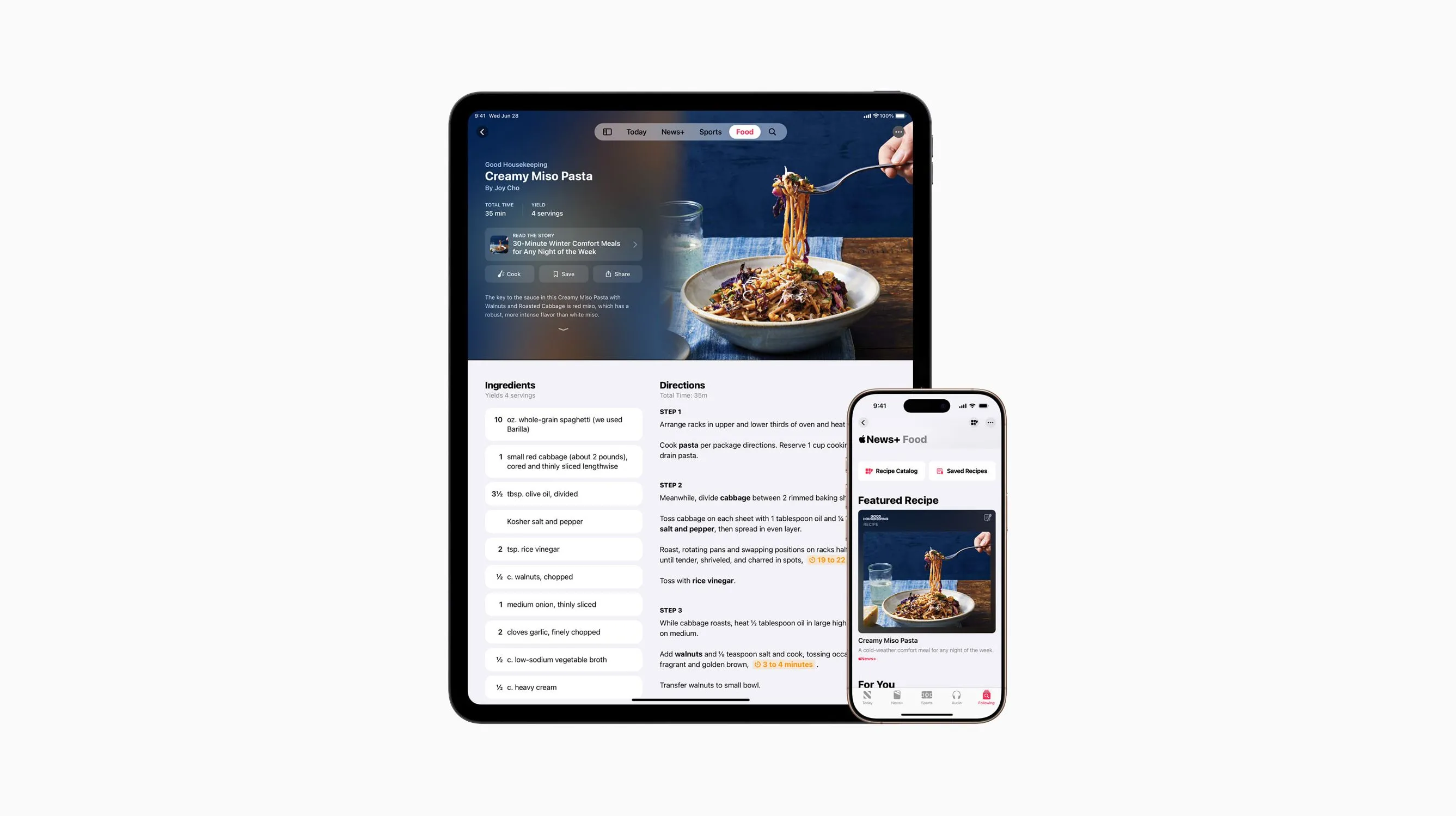 Giao diện dịch vụ Apple News+ Food hiển thị trên các thiết bị Apple như iPhone và iPad