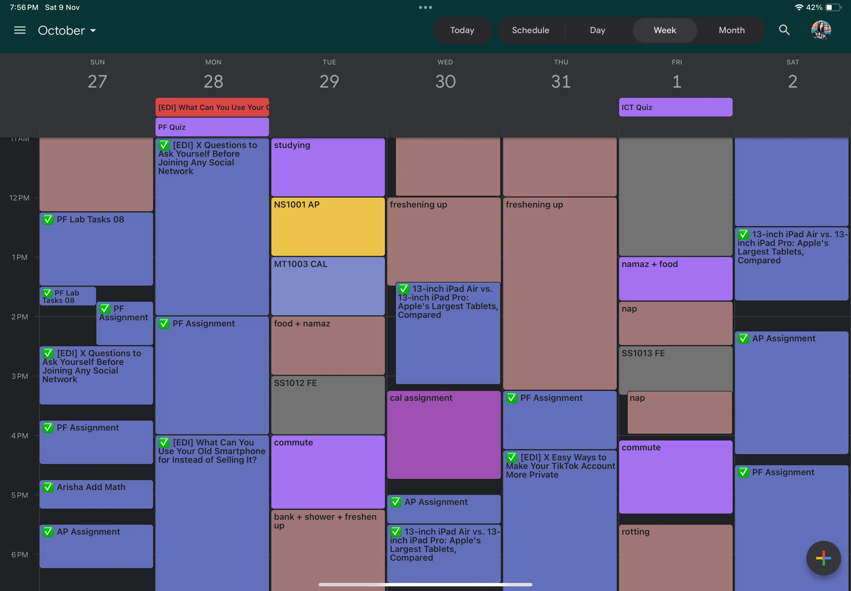 Giao diện Google Calendar hiển thị lịch trình công việc và học tập trong tuần, tối ưu hóa việc quản lý thời gian.