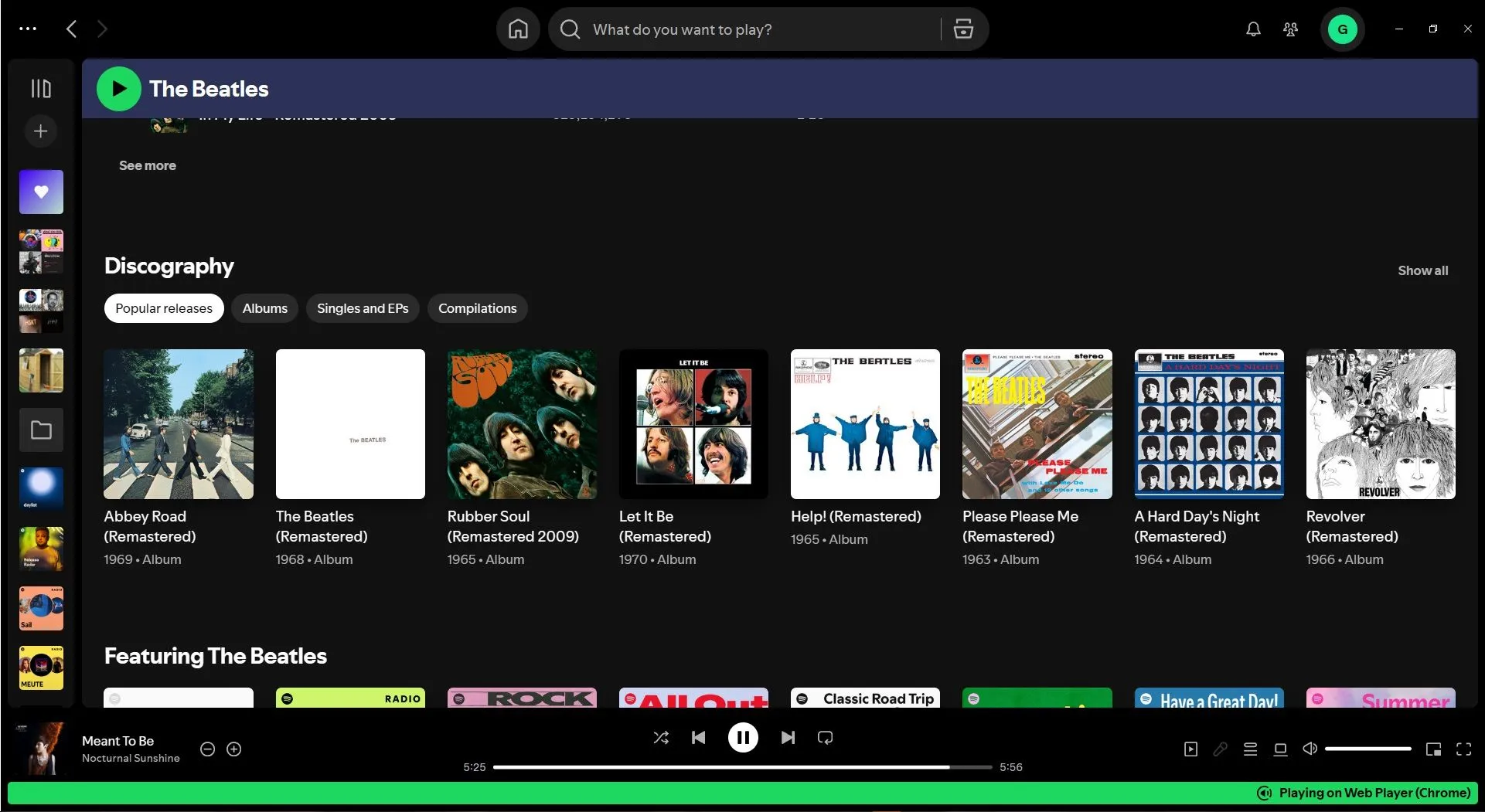 Giao diện hiển thị danh mục album (discography) của The Beatles trên Spotify, minh họa sự thiếu sót về các bộ lọc sắp xếp hiệu quả.