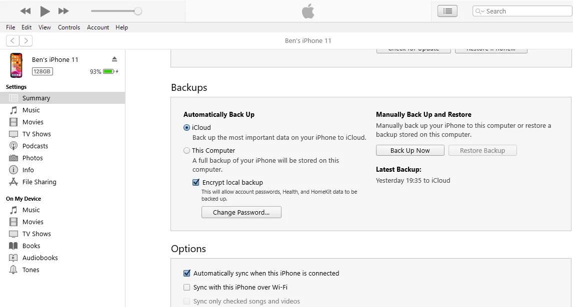 Giao diện iTunes trên Windows hiển thị tùy chọn sao lưu iPhone vào máy tính.