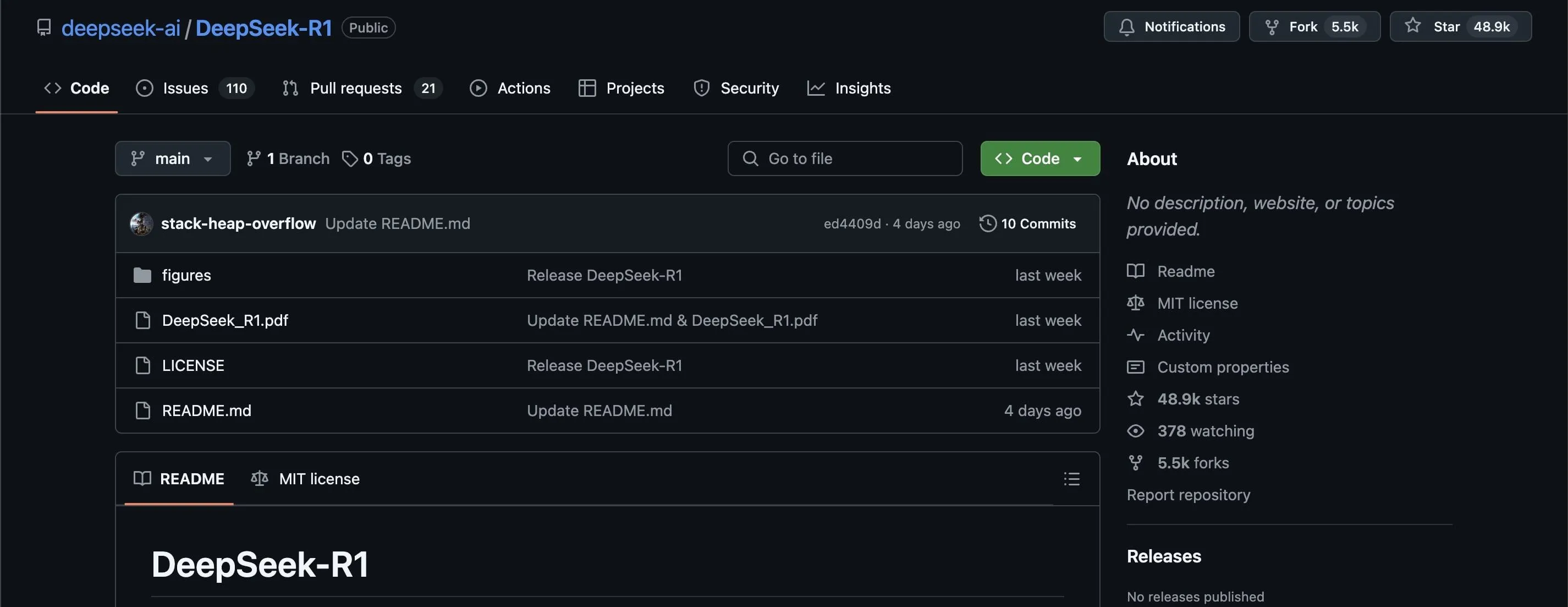Giao diện kho lưu trữ GitHub của DeepSeek, minh họa tính năng mã nguồn mở