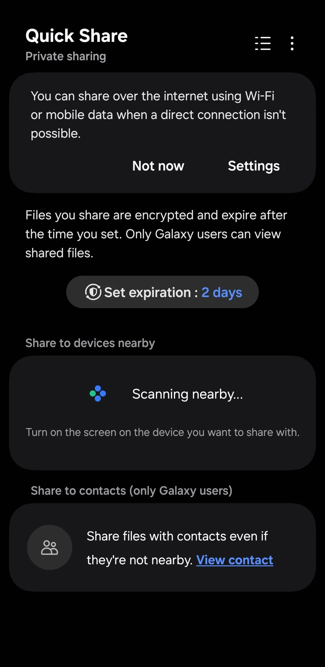 Giao diện menu Private Share trên điện thoại Samsung để chia sẻ tệp an toàn