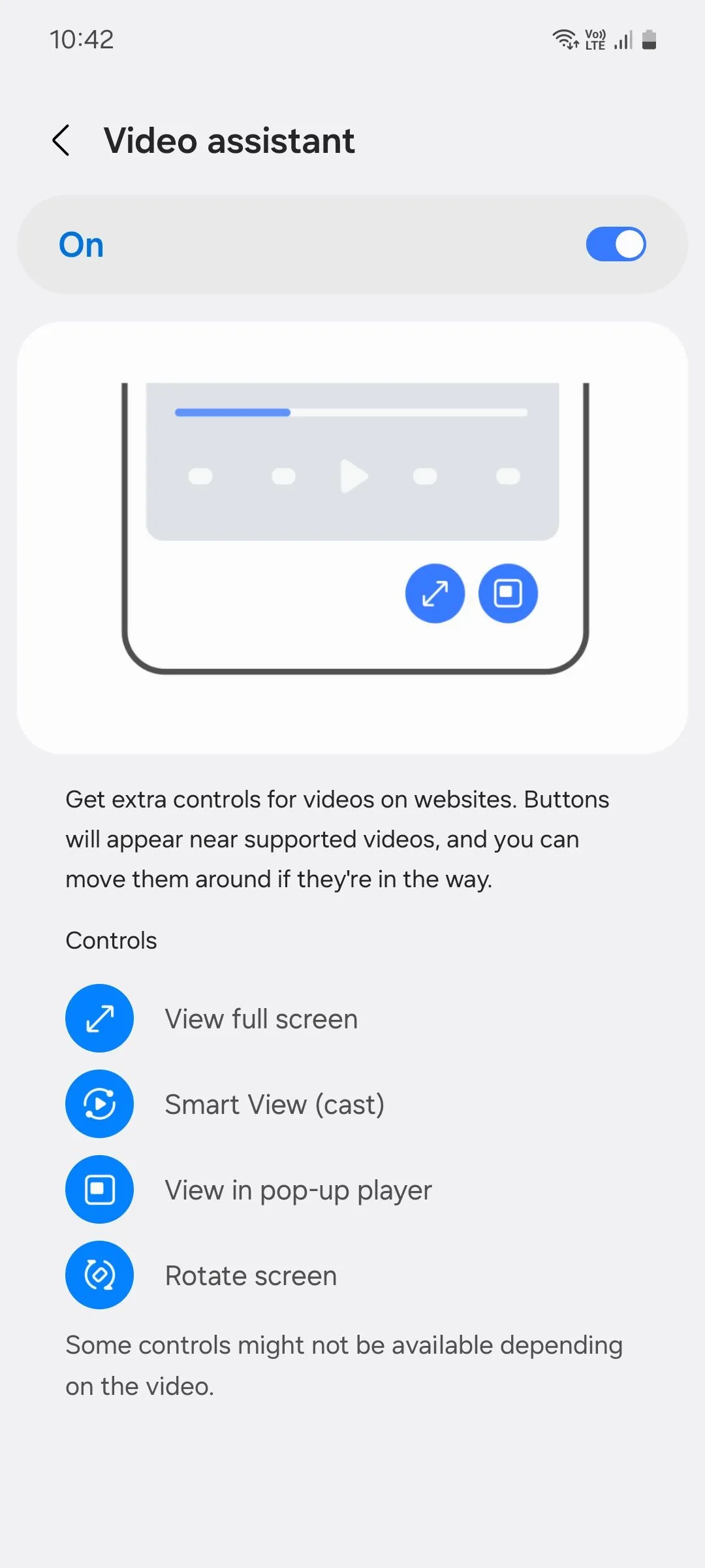 Giao diện menu Trợ lý video của Samsung Internet, cho phép người dùng chuyển sang trình phát video chuyên dụng khi xem video trực tuyến