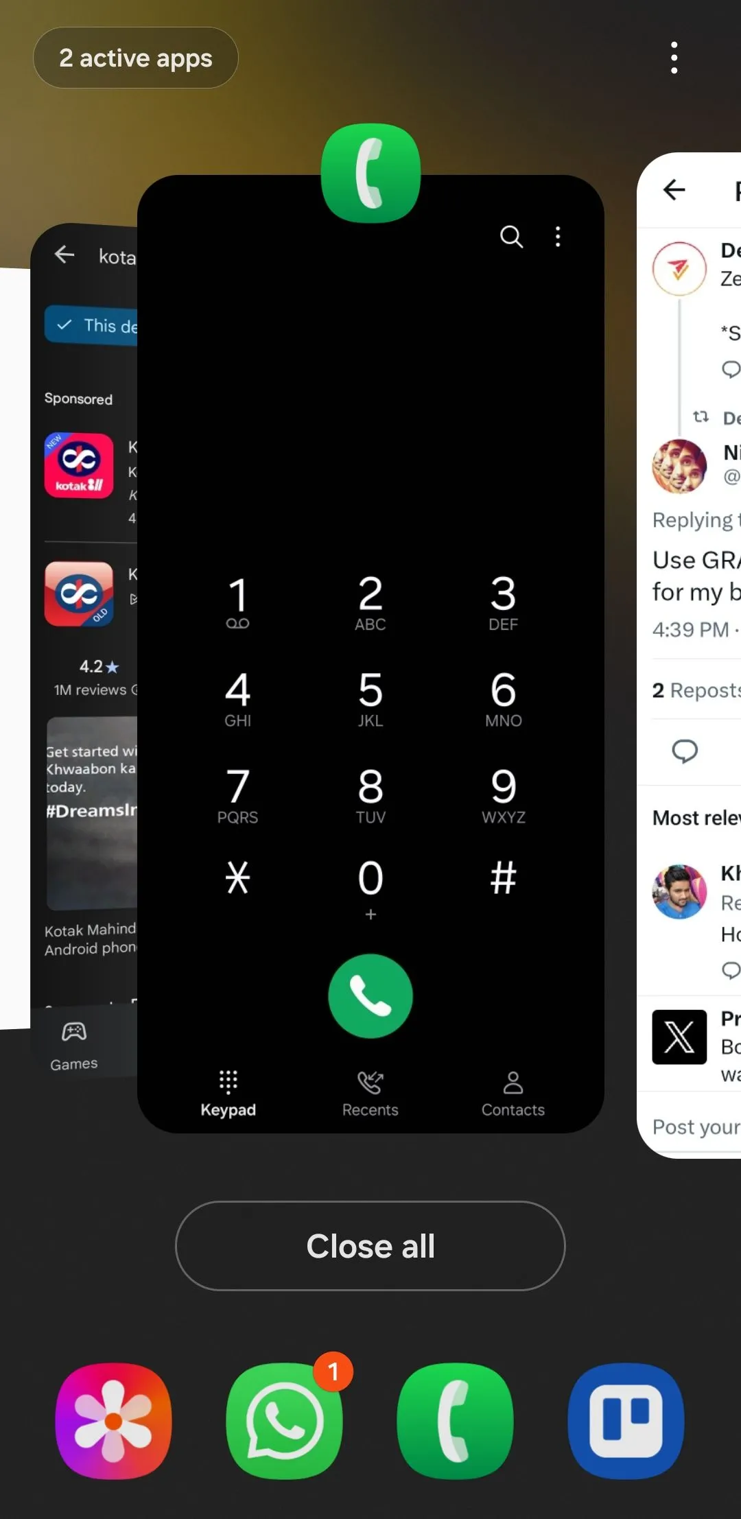 Giao diện menu ứng dụng gần đây trên điện thoại Android, chuẩn bị ghim ứng dụng.