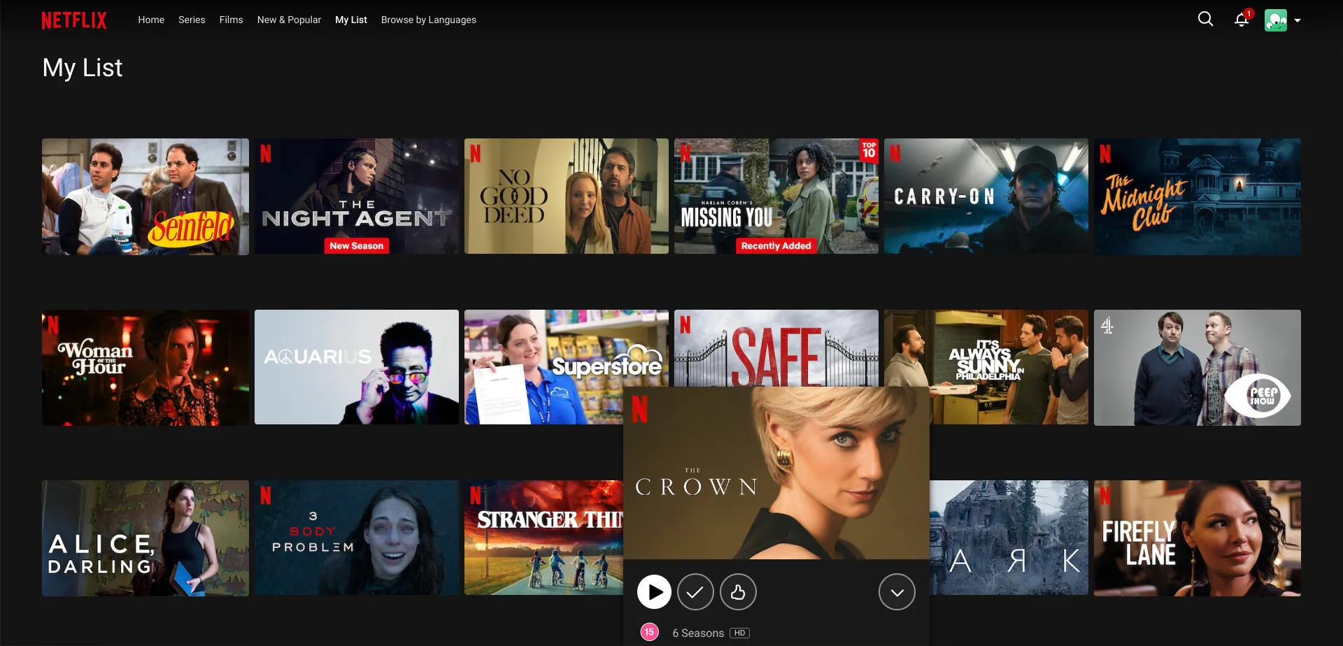 Giao diện Netflix hiển thị My List, người dùng chọn một chương trình để xóa khỏi danh sách