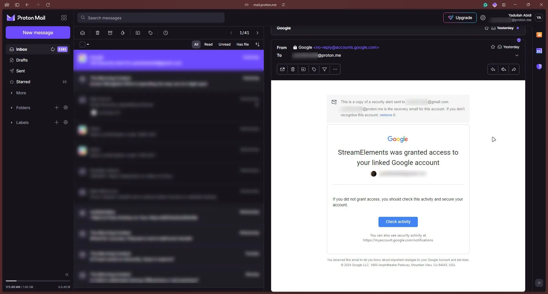 Giao diện người dùng của dịch vụ Proton Mail