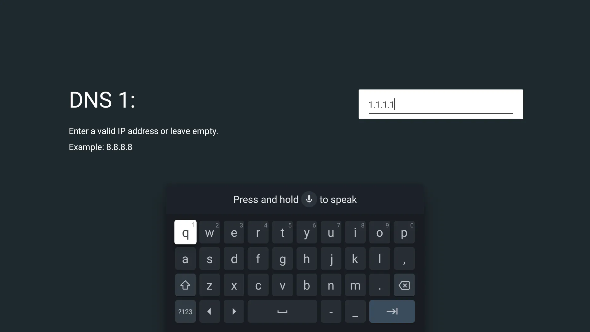 Giao diện nhập địa chỉ DNS Cloudflare 1.1.1.1 và 1.0.0.1 vào Smart TV