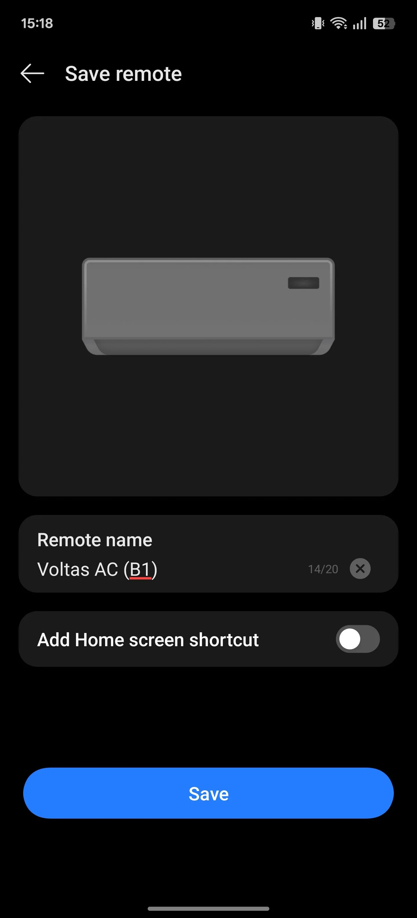 Giao diện nhập tên cho bộ điều khiển từ xa trên màn hình lưu remote của ứng dụng IR Remote, giúp người dùng dễ dàng quản lý các thiết bị đã cài đặt.