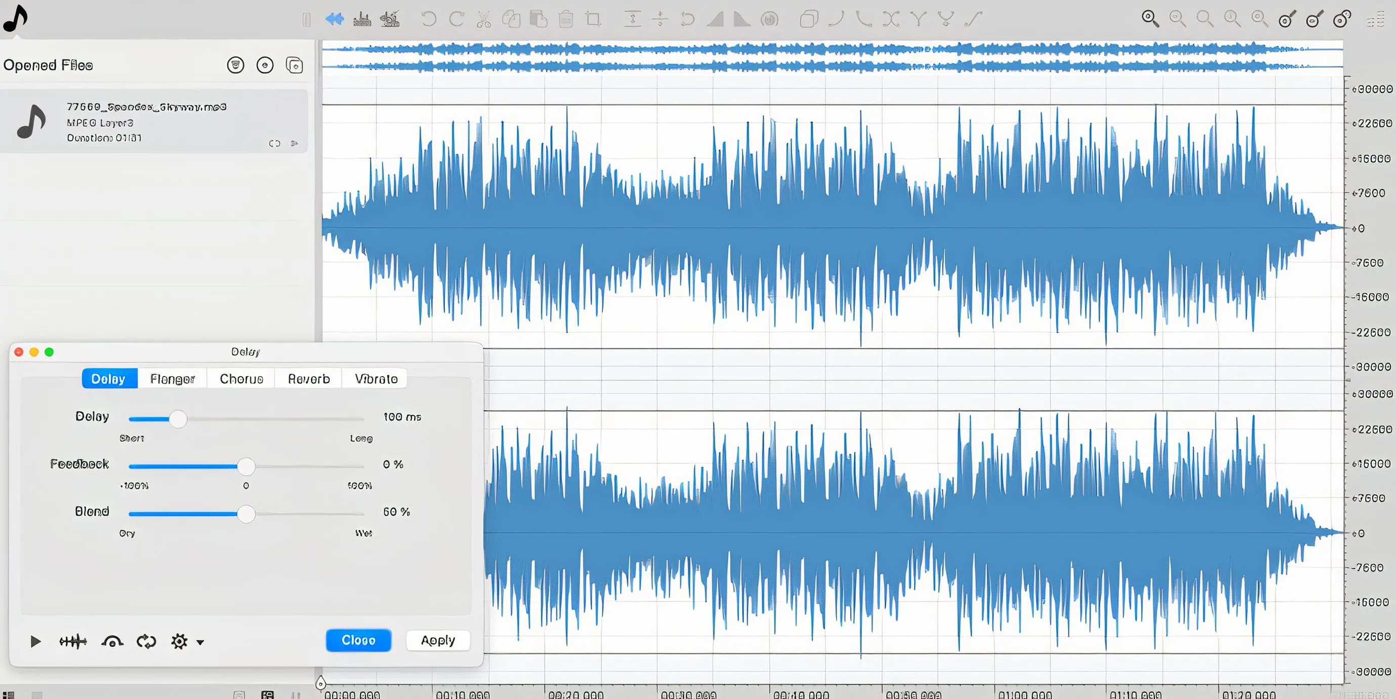 Giao diện Ocenaudio với hiệu ứng trễ (delay) được chọn để áp dụng cho tệp âm thanh