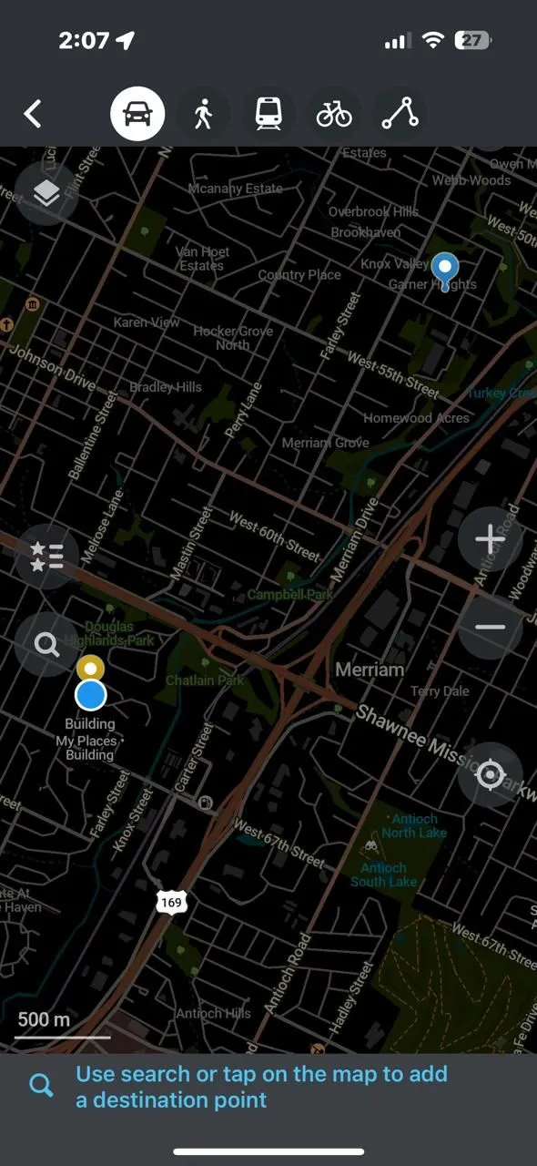 Giao diện Organic Maps khi thêm điểm đến, hiển thị khả năng lập kế hoạch lộ trình mà không theo dõi vị trí