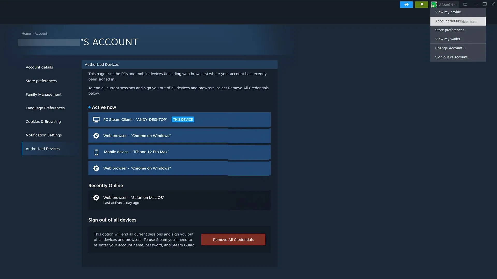 Giao diện quản lý thiết bị được ủy quyền trên Steam để hủy đăng nhập lạ