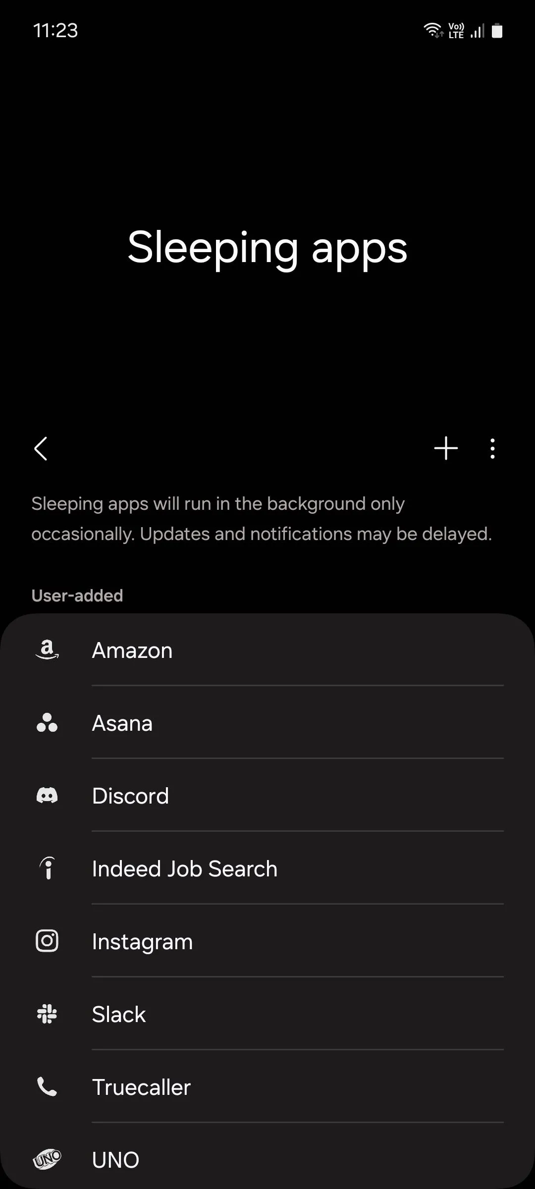 Giao diện quản lý ứng dụng ngủ trên Samsung, cho phép thêm ứng dụng vào danh sách &quot;Sleeping apps&quot; hoặc &quot;Deep sleeping apps&quot;.