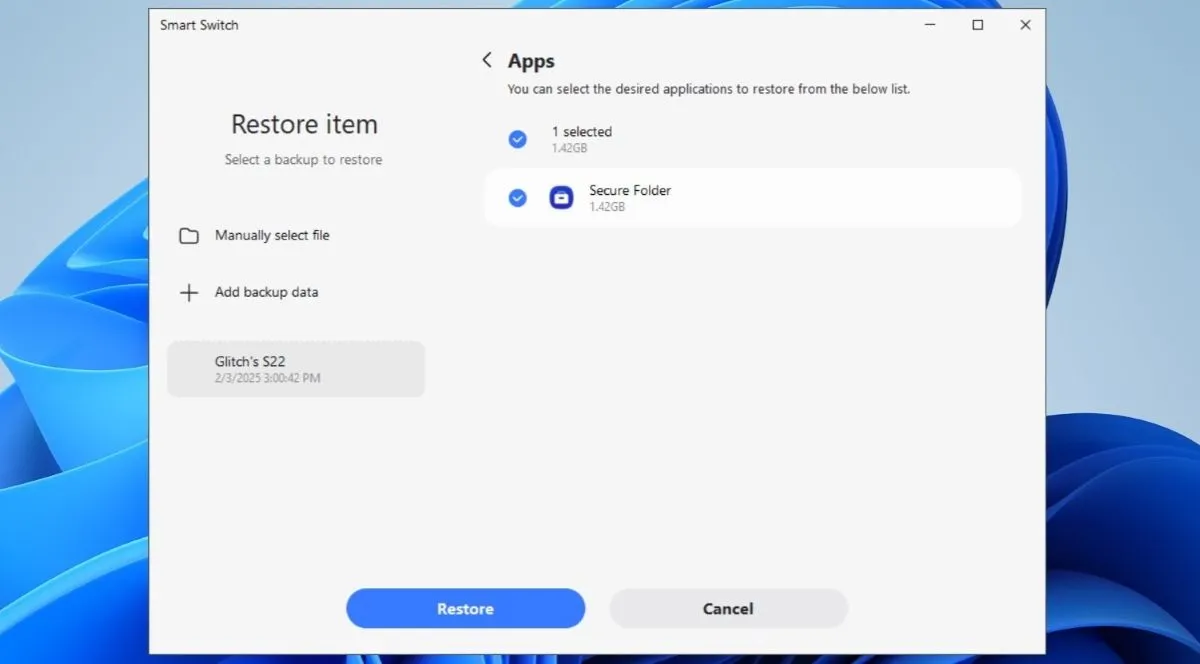 Giao diện Smart Switch trên PC hiển thị tùy chọn khôi phục dữ liệu Secure Folder