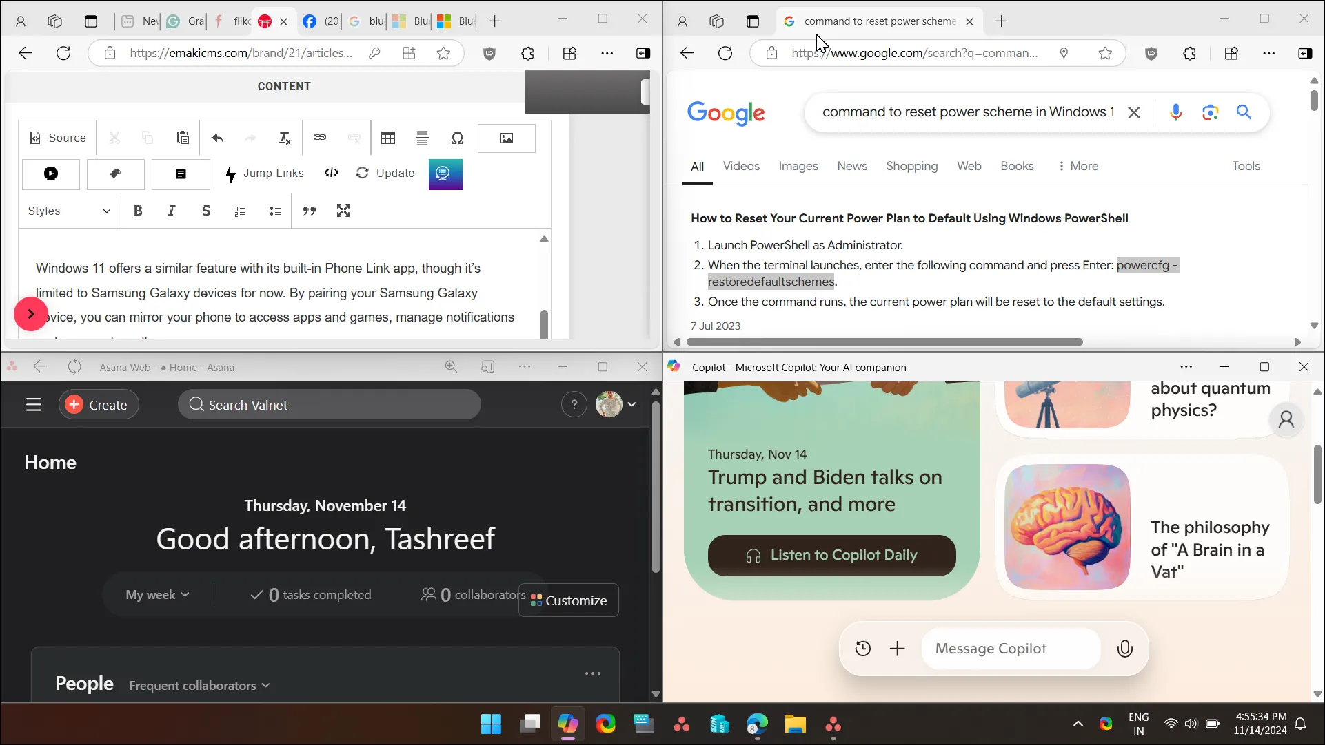 Giao diện Snap Layouts của Windows 11 với bốn cửa sổ ứng dụng được sắp xếp chia đều màn hình