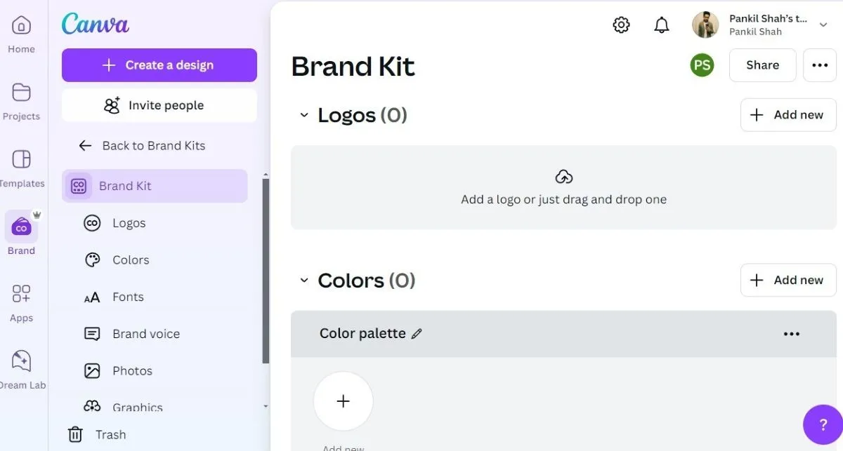 Giao diện tab Bộ nhận diện thương hiệu (Brand Kit) trong Canva