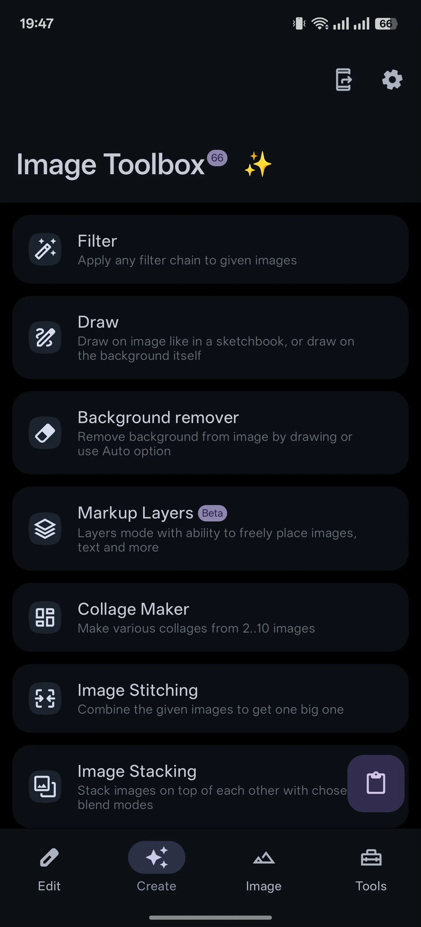 Giao diện tab tạo hình ảnh trong ứng dụng Image Toolbox dành cho Android.