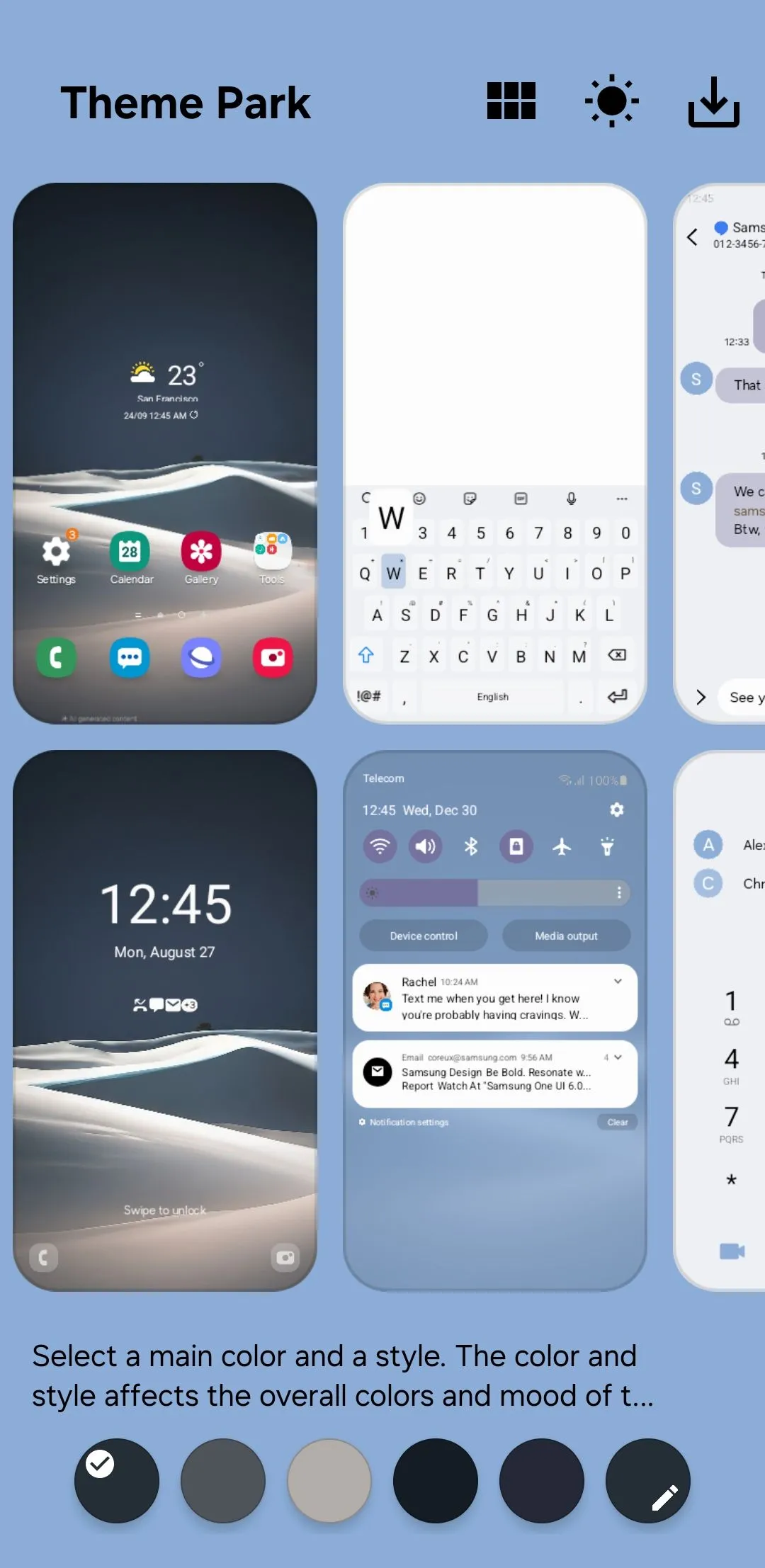 Giao diện tạo chủ đề mới trong ứng dụng Theme Park trên điện thoại Samsung.