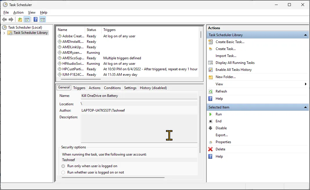 Giao diện tạo tác vụ mới trong Task Scheduler trên Windows 11, hiển thị các tùy chọn thiết lập tự động hóa.