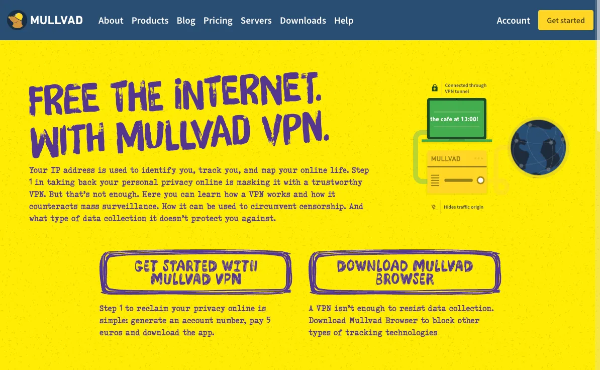 Giao diện trang chủ của dịch vụ VPN Mullvad