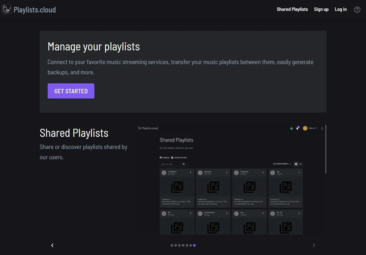 Giao diện trang chủ Playlists.cloud, hiển thị khả năng kết nối Spotify và Apple Music