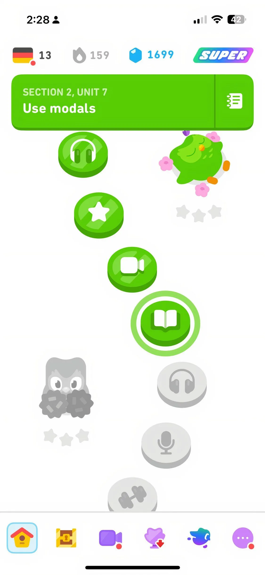Giao diện trò chơi học ngôn ngữ của ứng dụng Duolingo