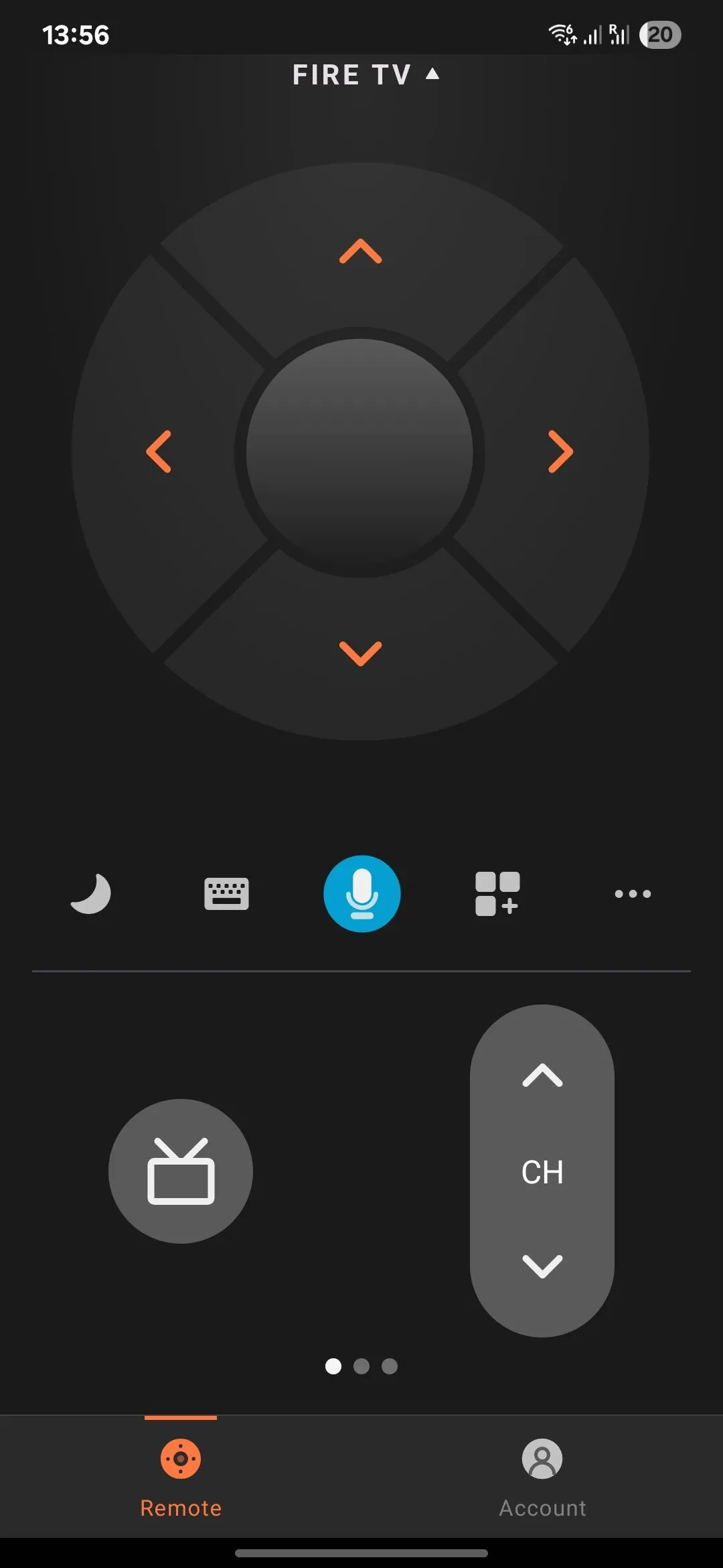 Giao diện ứng dụng Amazon Fire TV trên điện thoại, hiển thị các nút điều khiển chính.