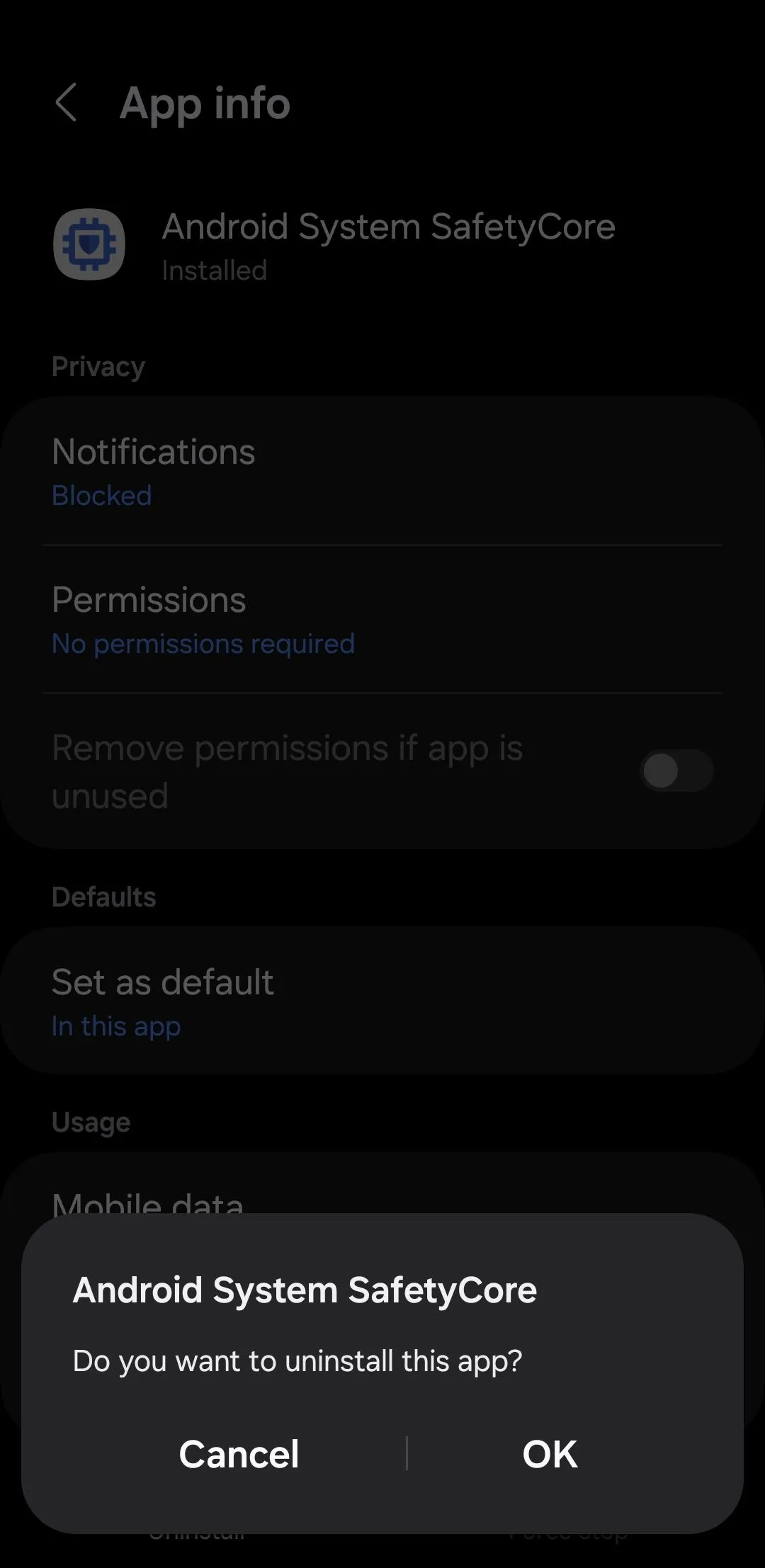 Giao diện ứng dụng Android System SafetyCore hiển thị tùy chọn gỡ cài đặt trên điện thoại Android