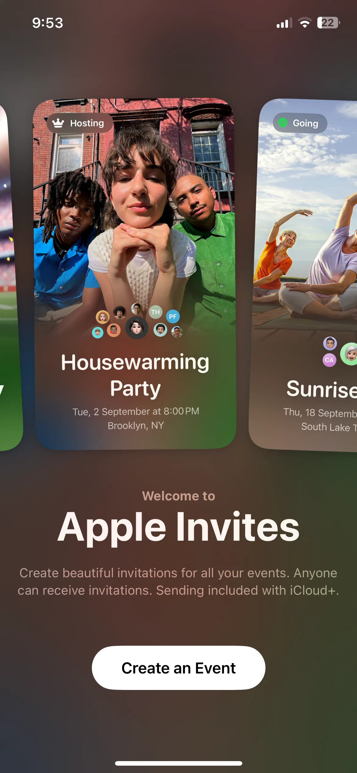 Giao diện ứng dụng Apple Invites trên iPhone với các thẻ mời