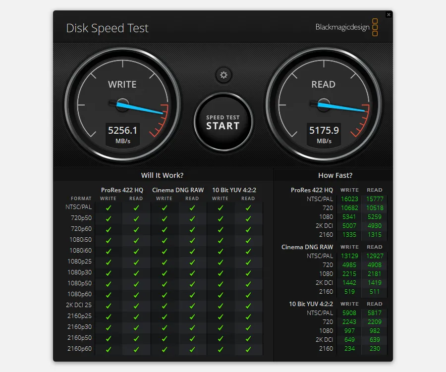 Giao diện ứng dụng Blackmagic Disk Speed Test trên Windows để đo tốc độ SSD