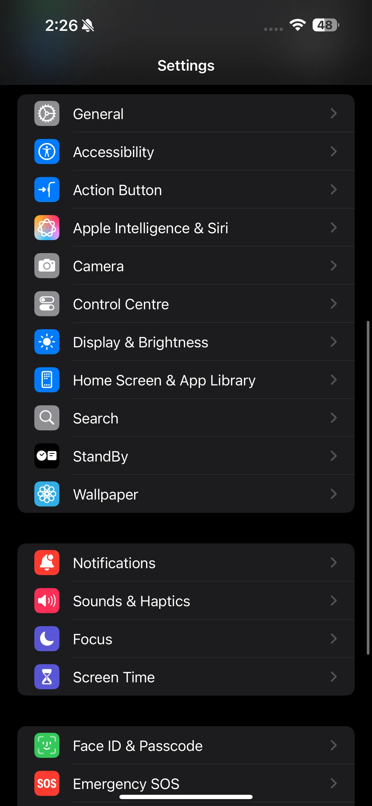 Giao diện ứng dụng Cài đặt (Settings) trên iPhone, minh họa cách truy cập tính năng Thời gian sử dụng (Screen Time).