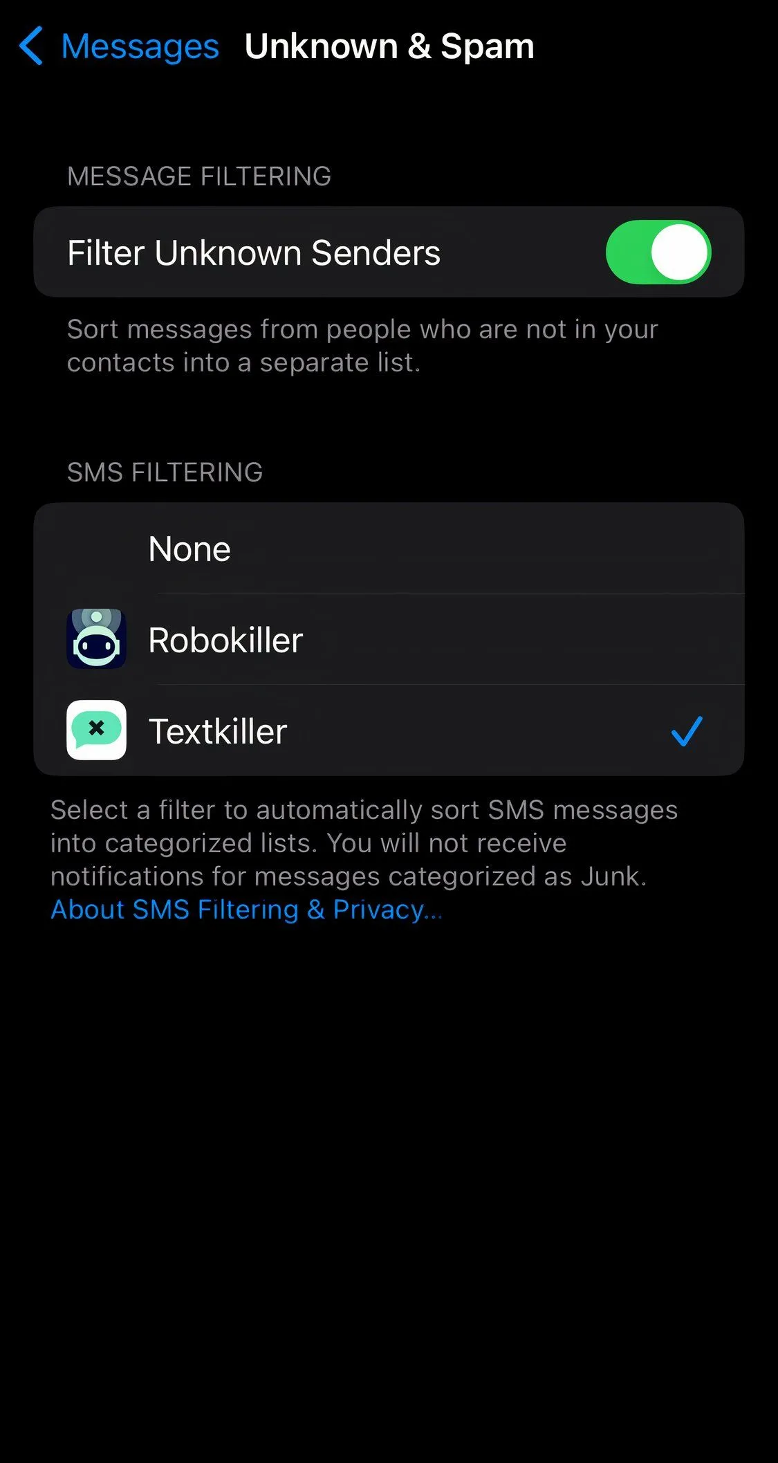 Giao diện ứng dụng chặn tin nhắn TextKiller