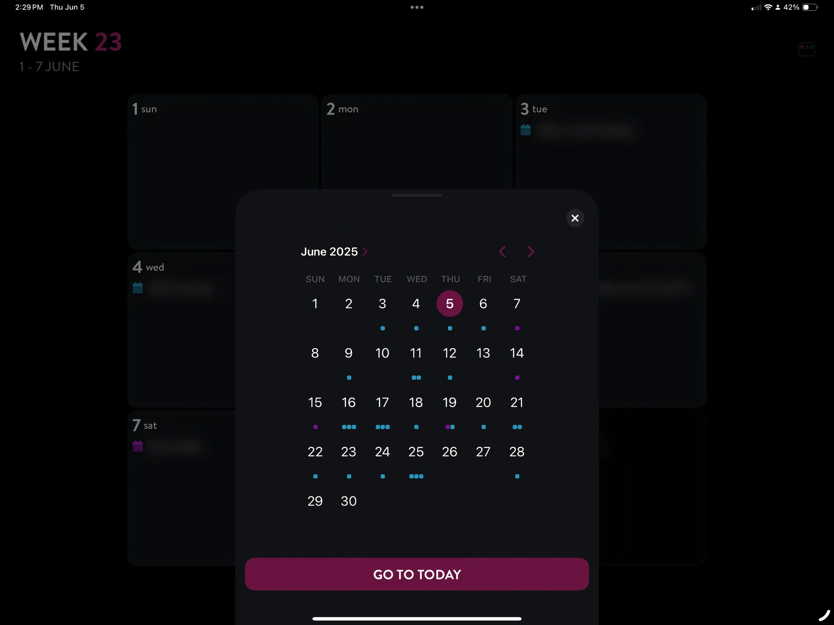 Giao diện ứng dụng Moleskine Planner trên iPad hiển thị lịch và kế hoạch