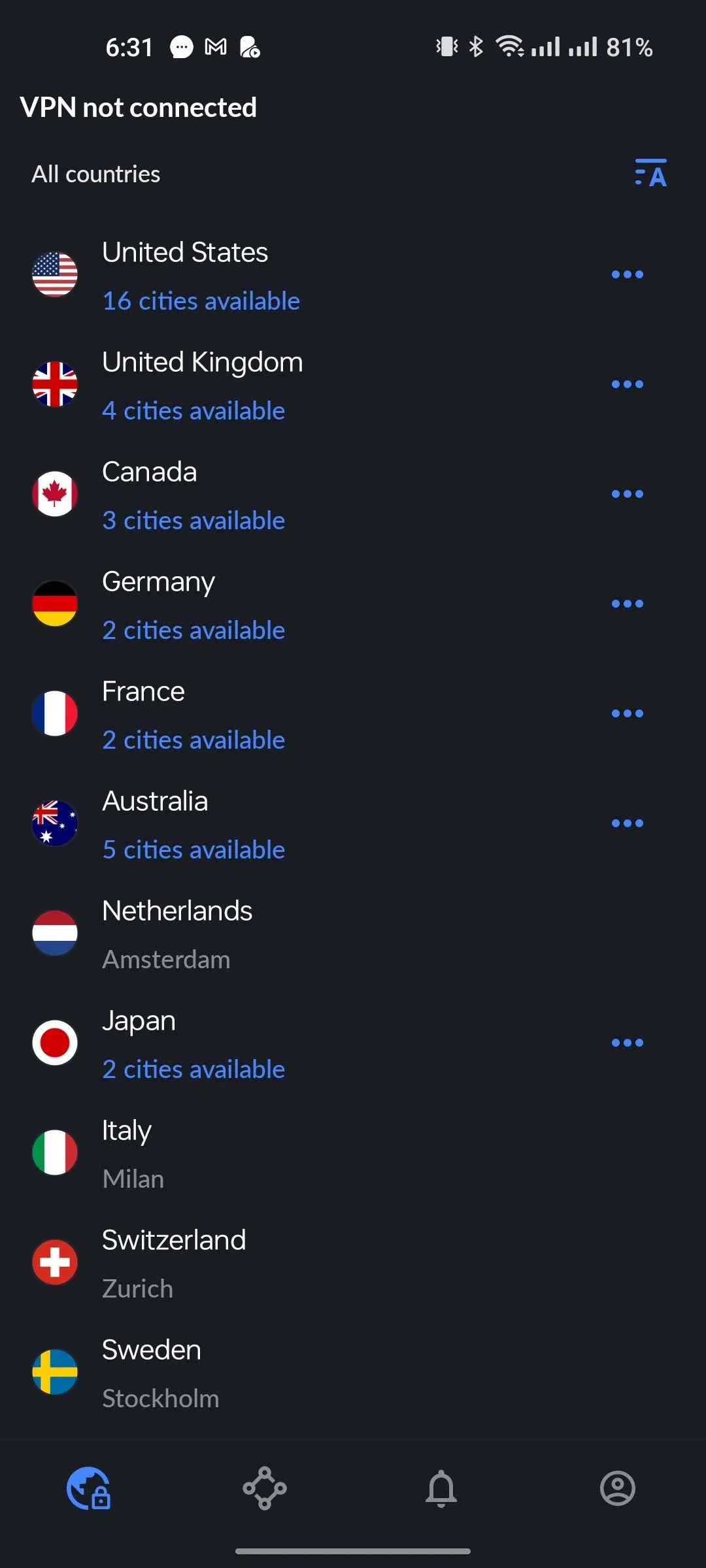 Giao diện ứng dụng NordVPN hiển thị danh sách các quốc gia máy chủ, cho phép người dùng kết nối an toàn khi sử dụng Wi-Fi công cộng ở nước ngoài.