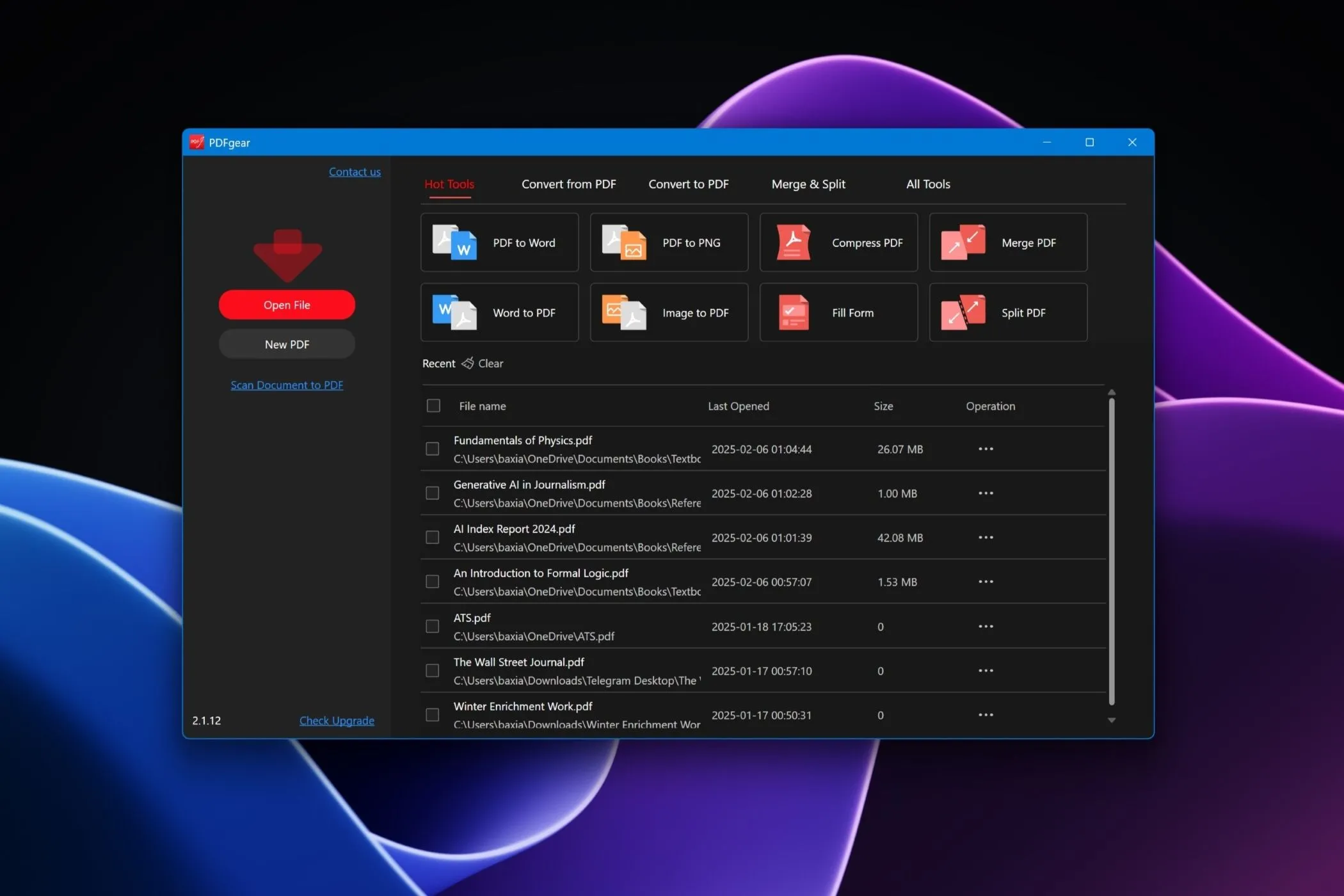 Giao diện ứng dụng PDFGear trên Windows 11