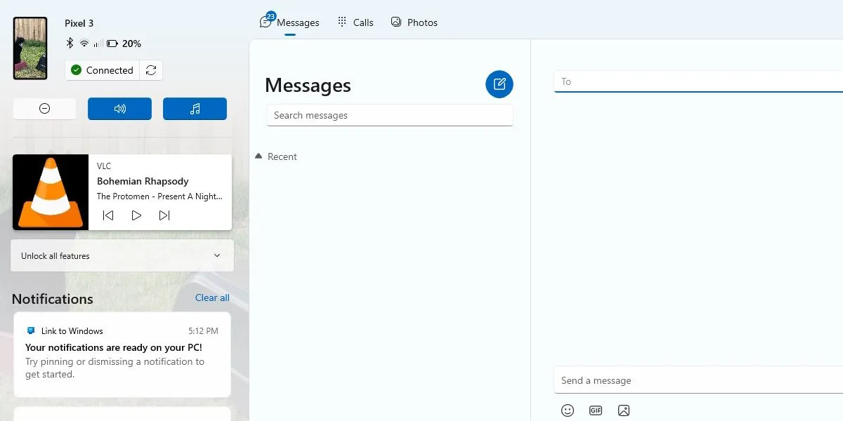 Giao diện ứng dụng Phone Link của Microsoft hiển thị tin nhắn trên màn hình Windows