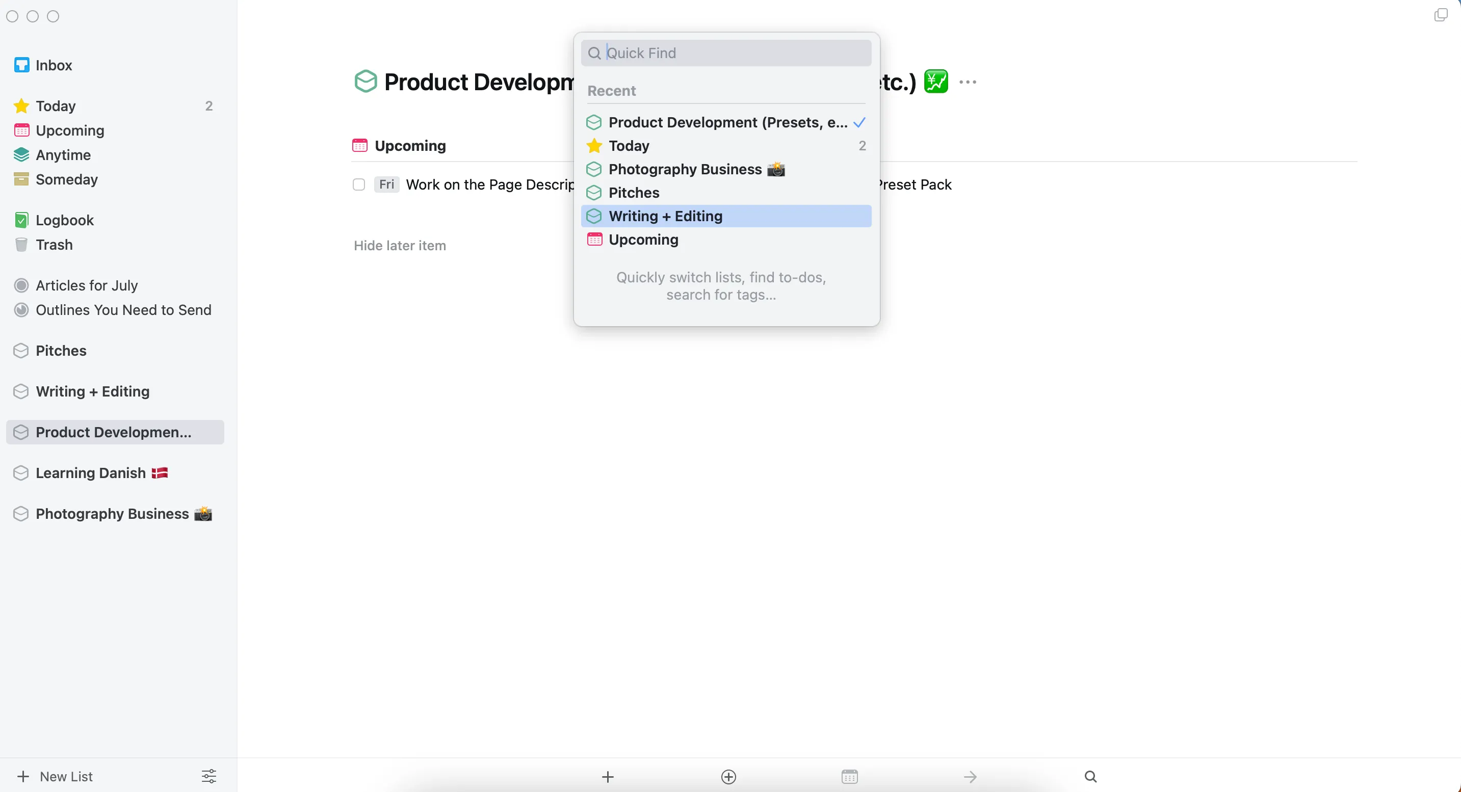 Giao diện ứng dụng Things 3 trên macOS, công cụ quản lý tác vụ chuyên nghiệp