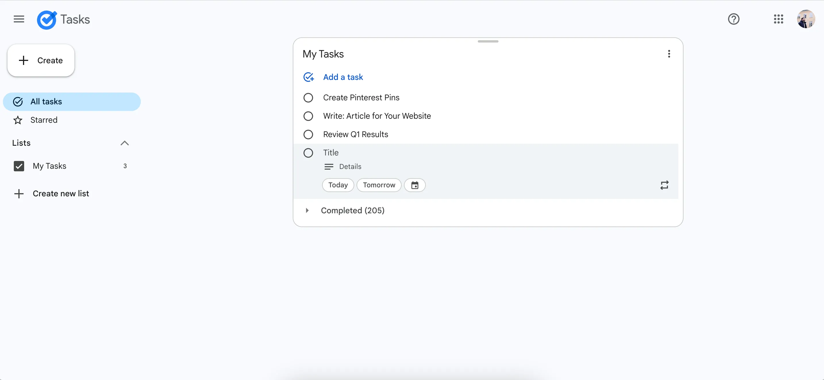Giao diện ứng dụng web Google Tasks giúp lập kế hoạch công việc hàng ngày