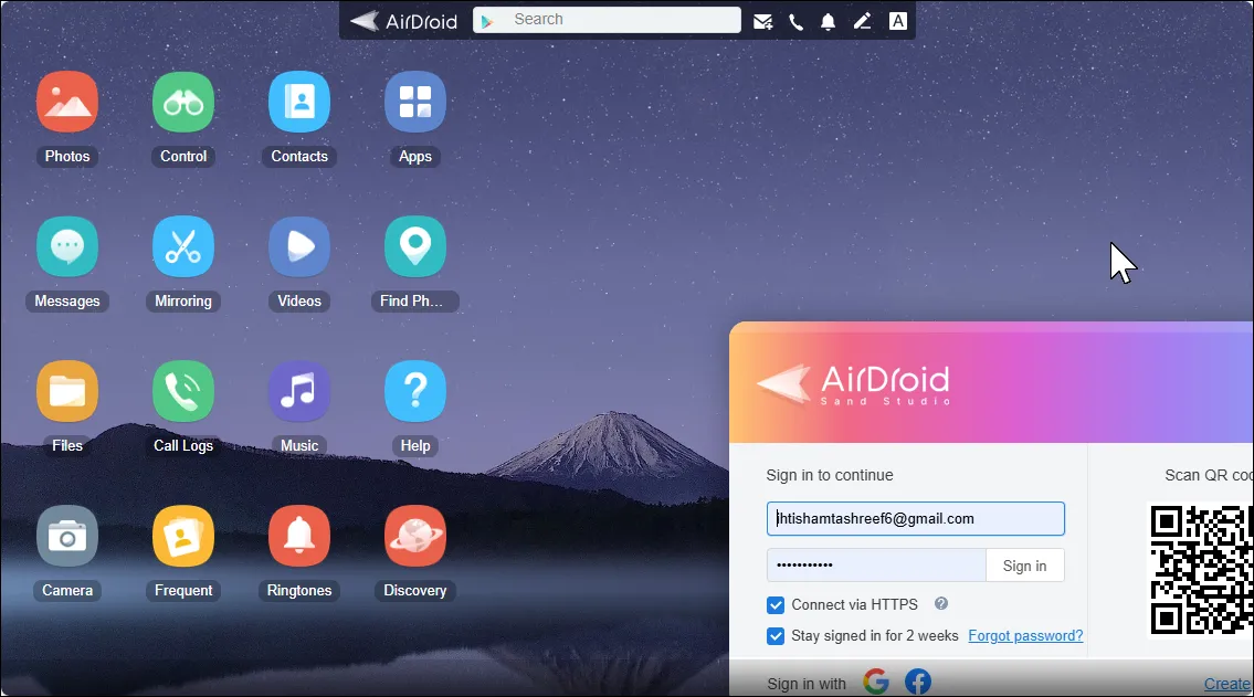 Giao diện web của AirDroid hiển thị bảng điều khiển từ xa để quản lý điện thoại Android từ máy tính.