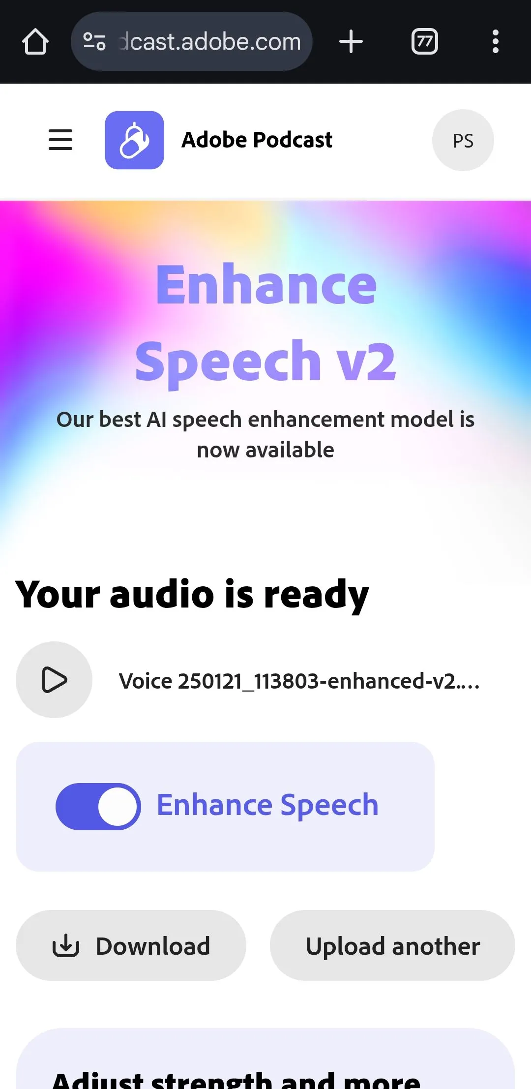 Giao diện website Adobe Enhance Speech trên trình duyệt Chrome cho Android, hiển thị tùy chọn tải file âm thanh đã xử lý