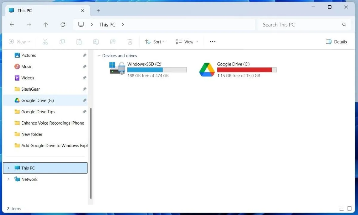 Google Drive được tích hợp và hiển thị trong thanh điều hướng của File Explorer trên Windows 11
