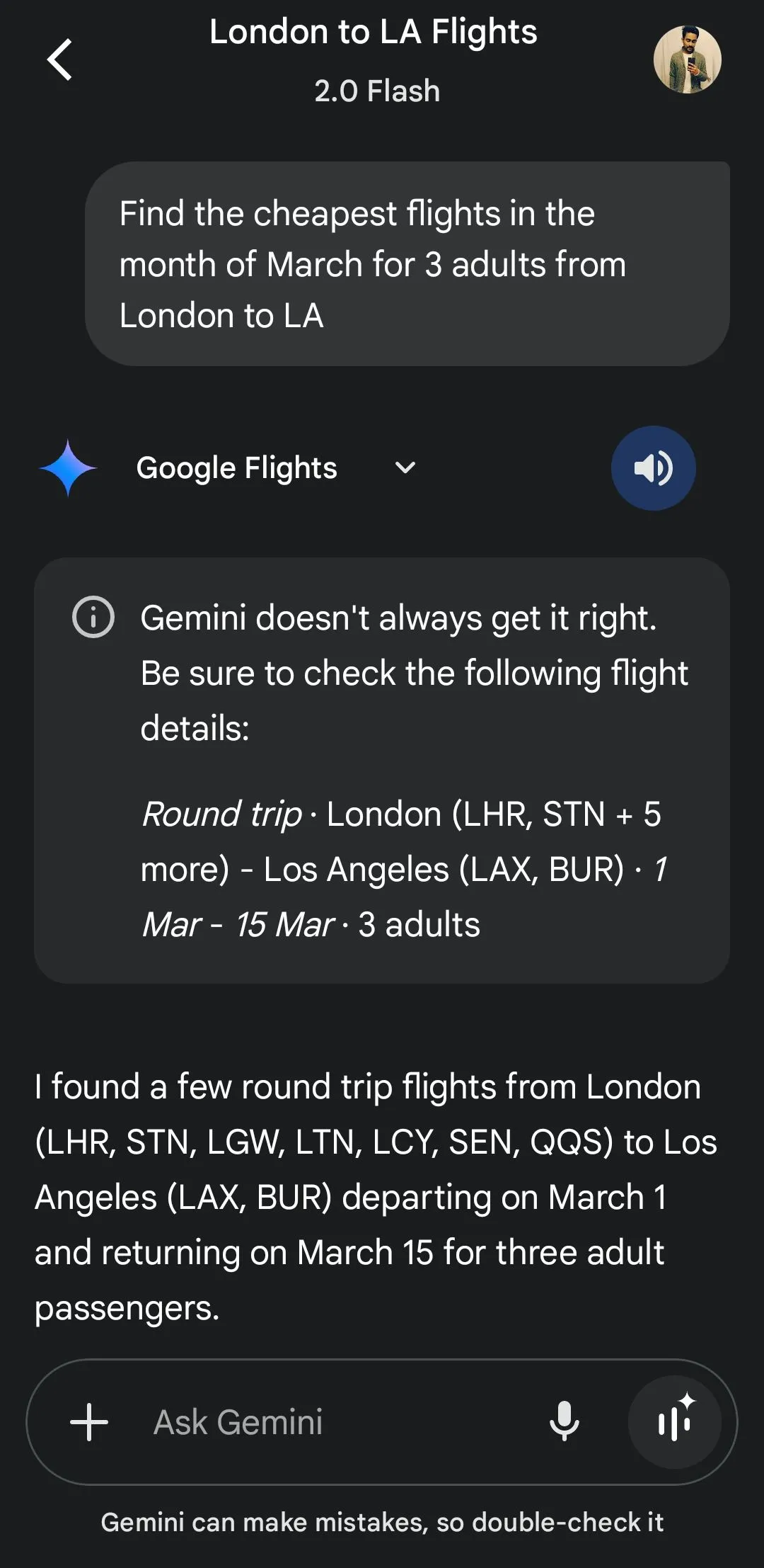 Google Gemini hiển thị thông tin chuyến bay từ Google Flights