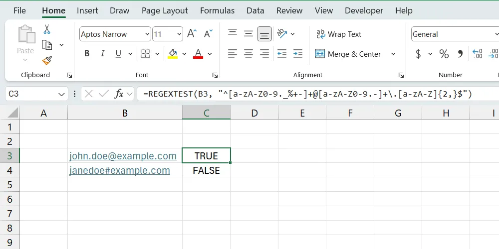 Hàm REGEXTEST trong Excel, minh họa tính năng nâng cao