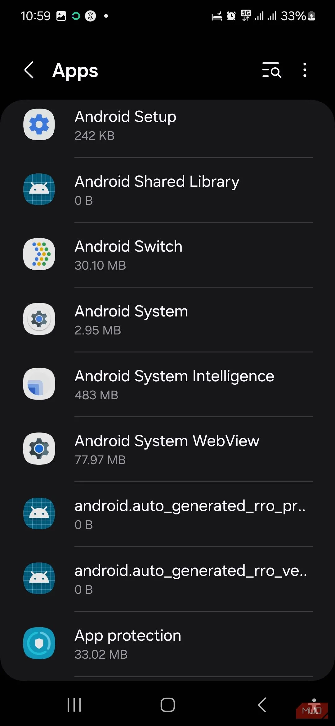 Hệ thống Android trong danh sách ứng dụng trên điện thoại Samsung