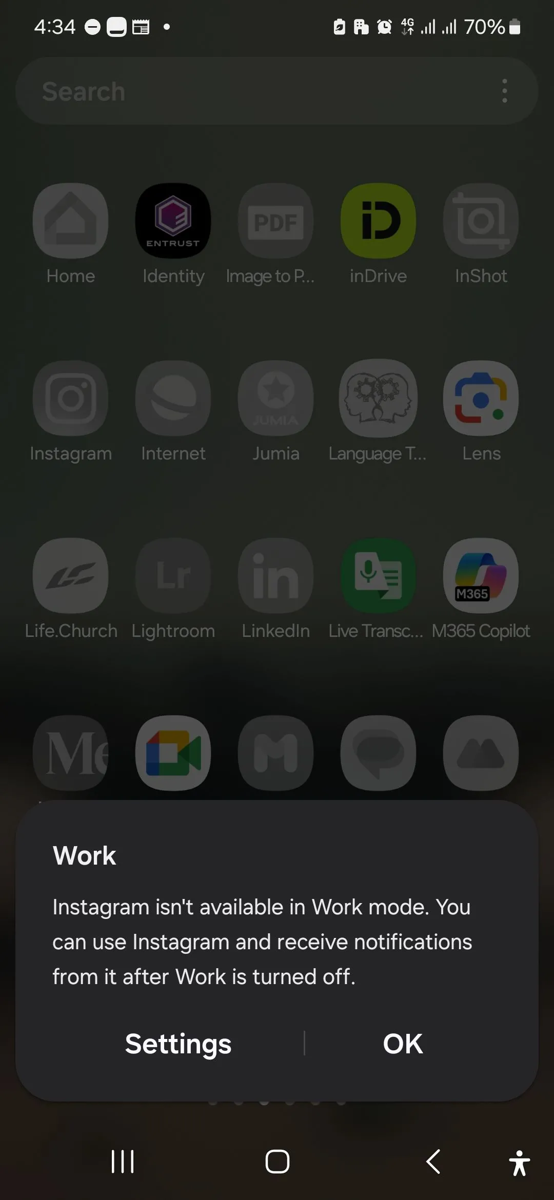 Hiển thị ứng dụng bị hạn chế khi chế độ Làm việc trên điện thoại Samsung được kích hoạt