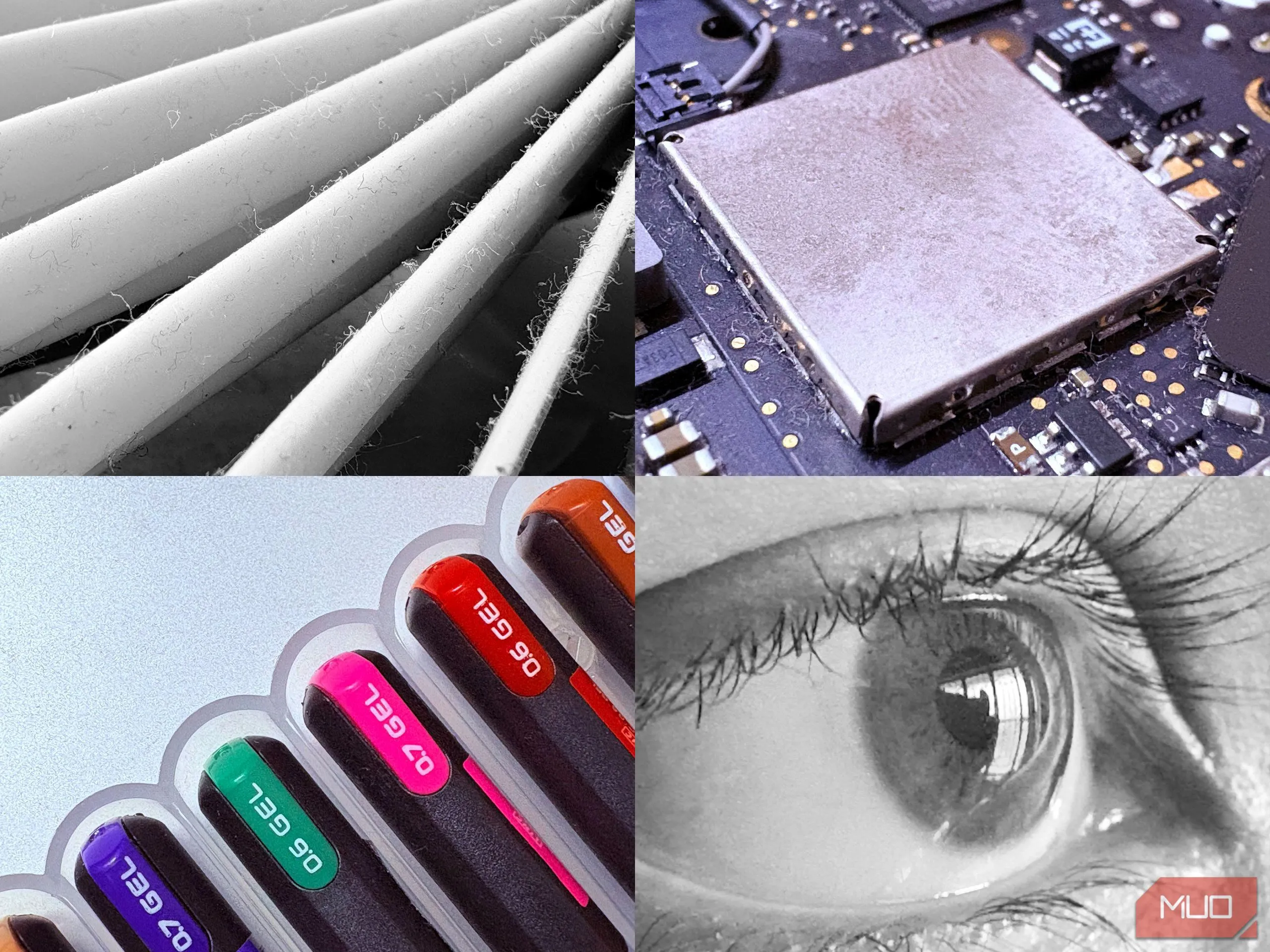 Hình ảnh chụp macro các vật dụng gia đình như đầu bút chì và ốc vít bằng iPhone 16