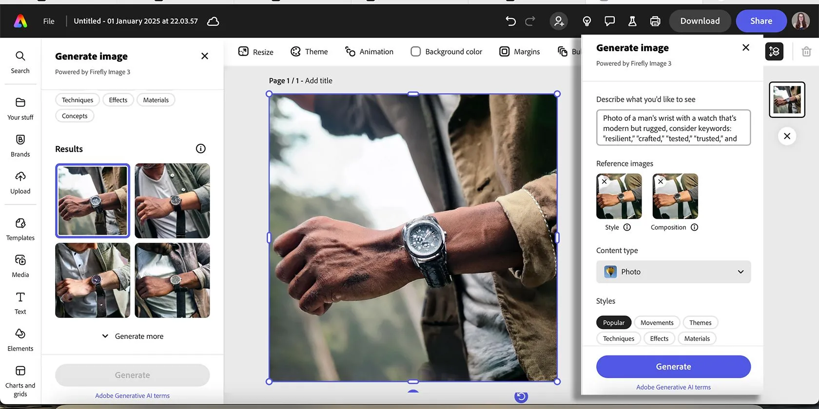 Hình ảnh đồng hồ đeo tay được tạo bằng công cụ AI của Adobe Express, minh họa hình ảnh lifestyle cho thương hiệu