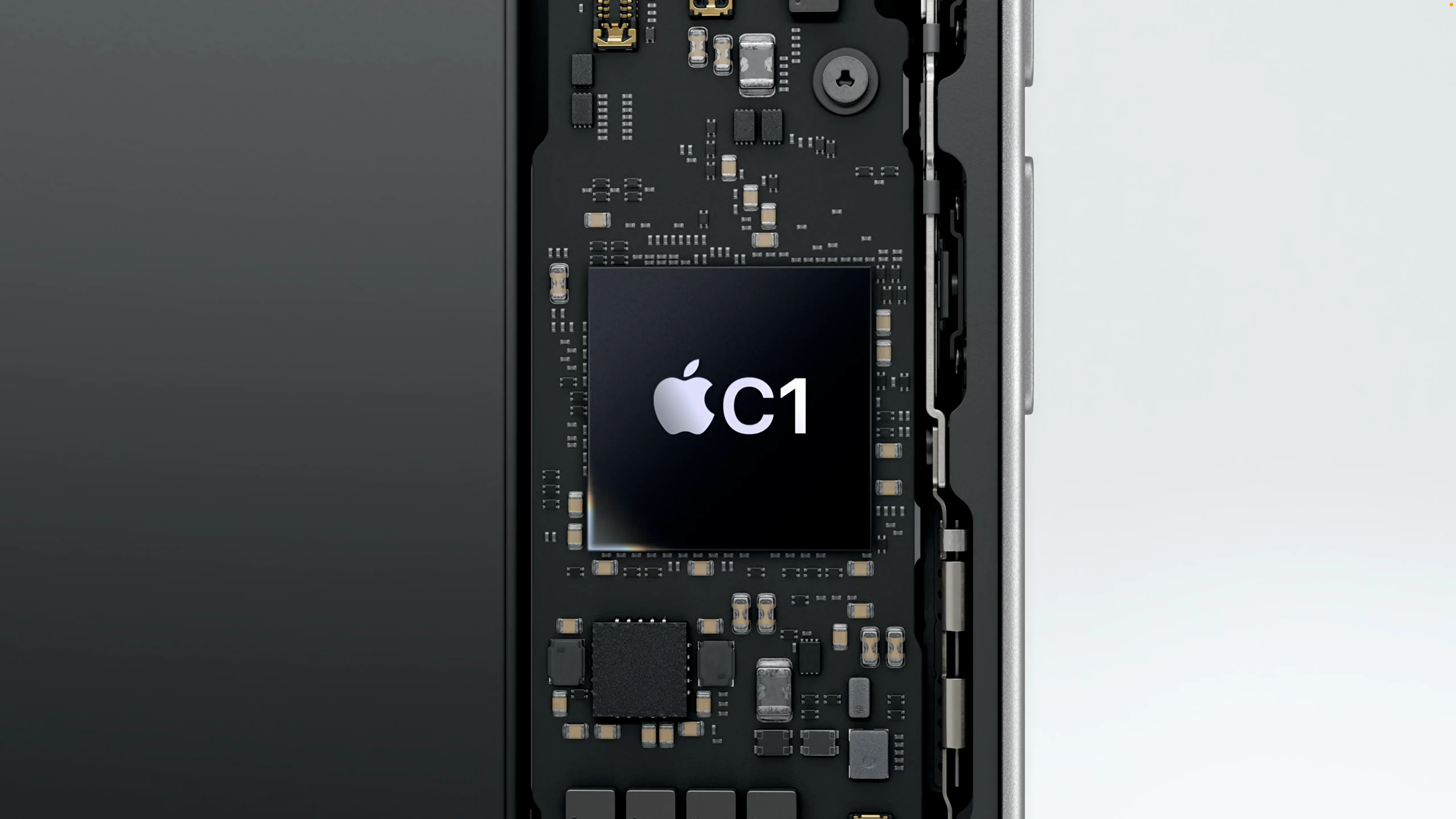Hình ảnh minh họa chip C1 của Apple, modem di động in-house đầu tiên trên iPhone 16e.